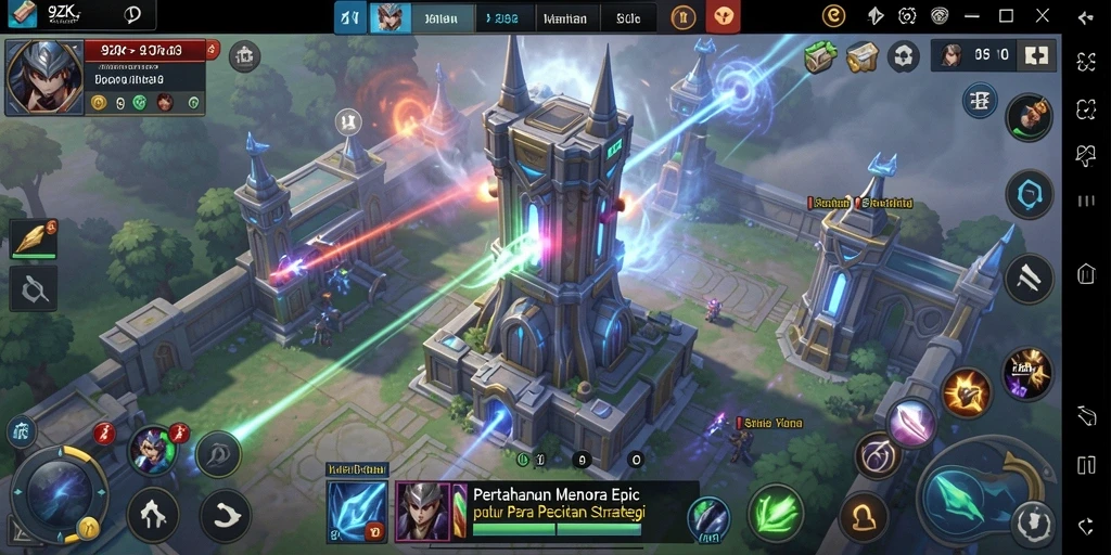 Tampilan gameplay menegangkan dalam 9ZK, menara siap menghadapi musuh.