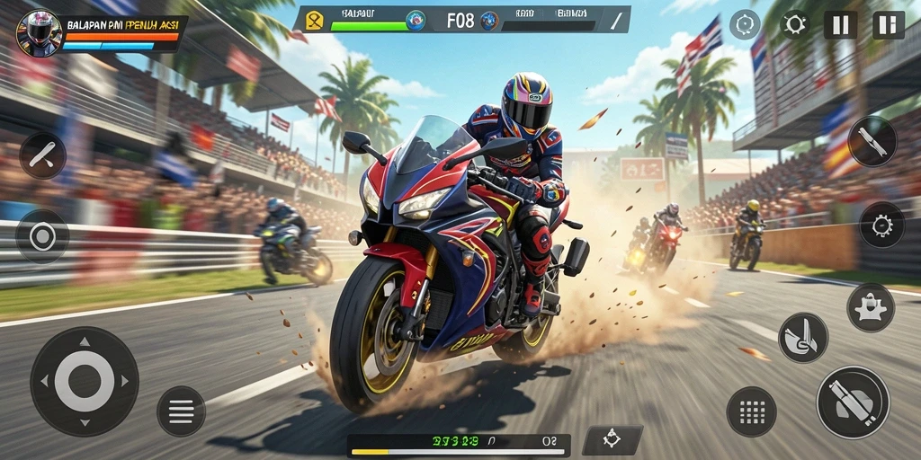 Gameplay menarik F08 dengan balapan motor yang seru.