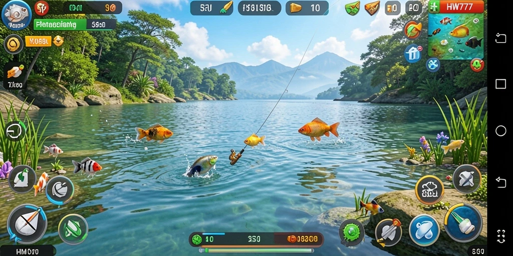 Screenshot gameplay HW777 menampilkan aktivitas memancing yang seru.