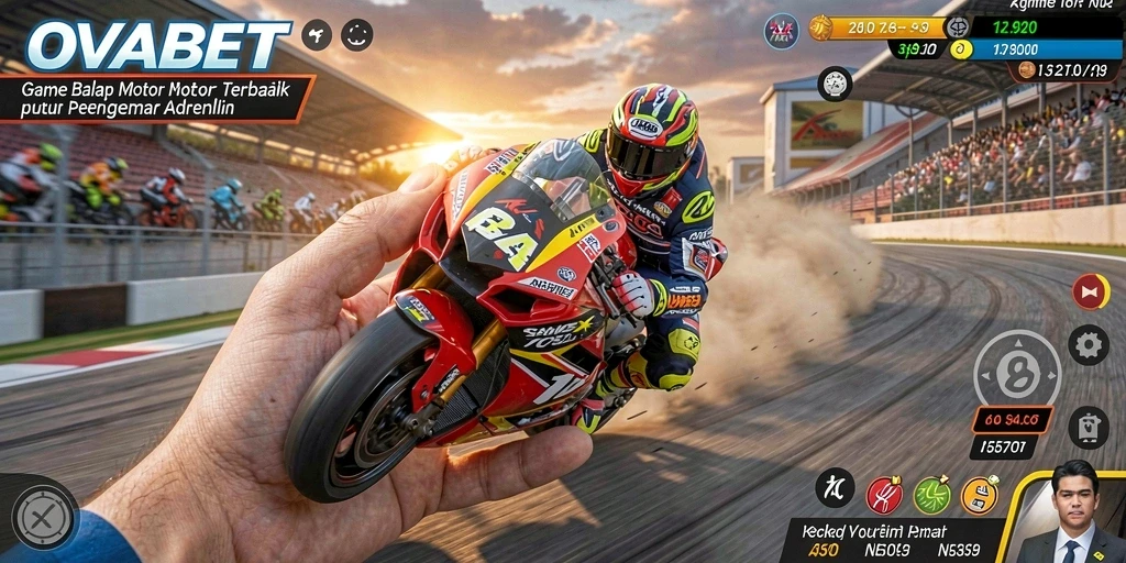 Screenshot gameplay OVABET yang menunjukkan aksi balap motor yang mendebarkan.