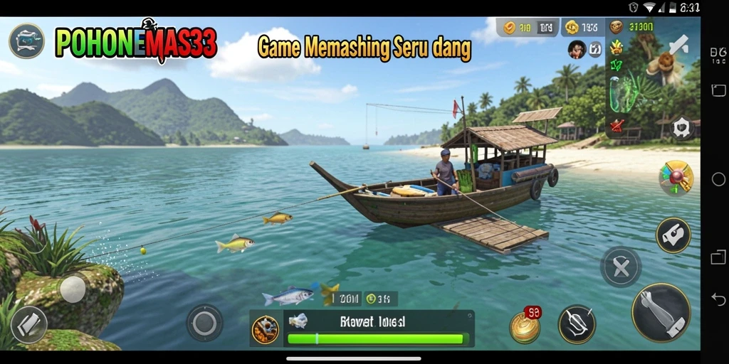 Screenshot gameplay POHONEMAS33 menunjukkan aksi memancing yang seru.