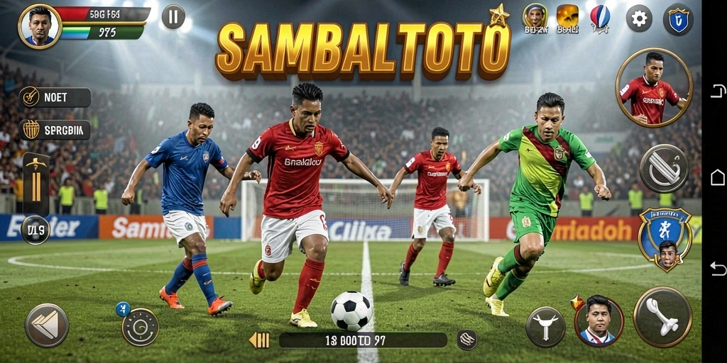 Screenshot gameplay <strong>SAMBALTOTO</strong> menunjukkan aksi seru di lapangan sepak bola.