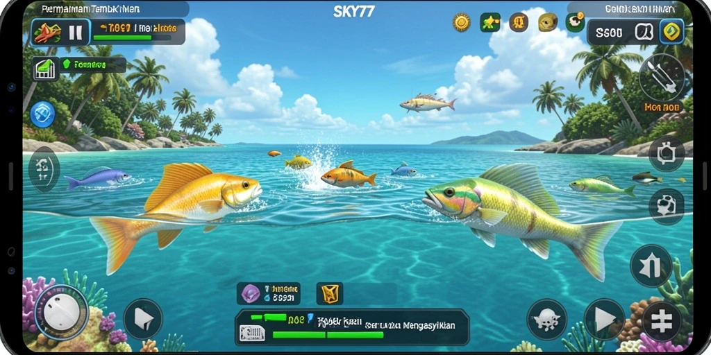 Tampilan gameplay <strong>SKY77</strong> saat menangkap ikan berwarna-warni.