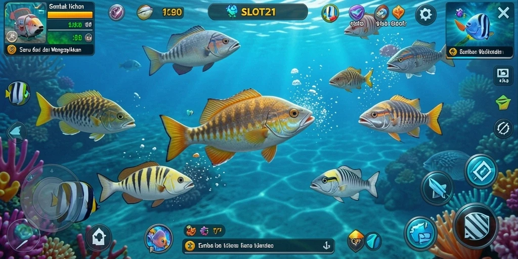 Screenshot gameplay SLOT21 dengan aksi tembak ikan yang seru.