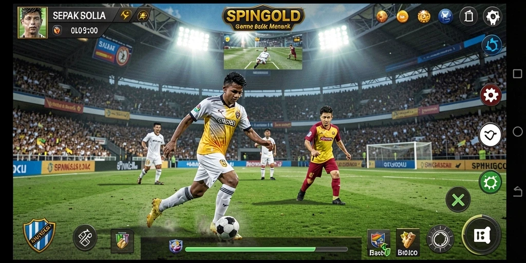 Tangkapan layar utama SPINGOLD menampilkan aksi seru pertandingan sepak bola.
