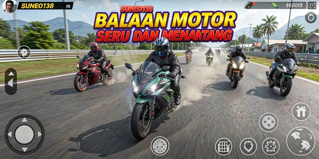 Screenshot SUNEO138 menunjukkan aksi balapan motor yang intens.
