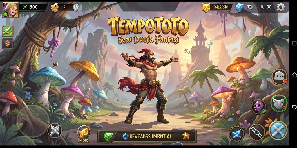 Screenshot utama TEMPOTOTO menampilkan karakter utama dalam petualangan di dunia fantasi.