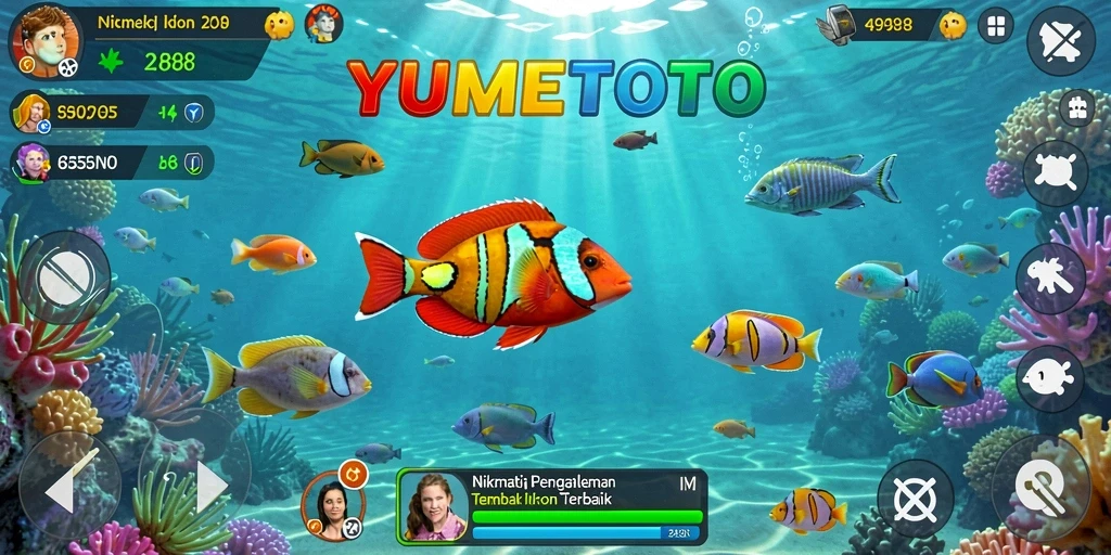 Screenshot game YUMETOTO menunjukkan gameplay seru saat menembak ikan.